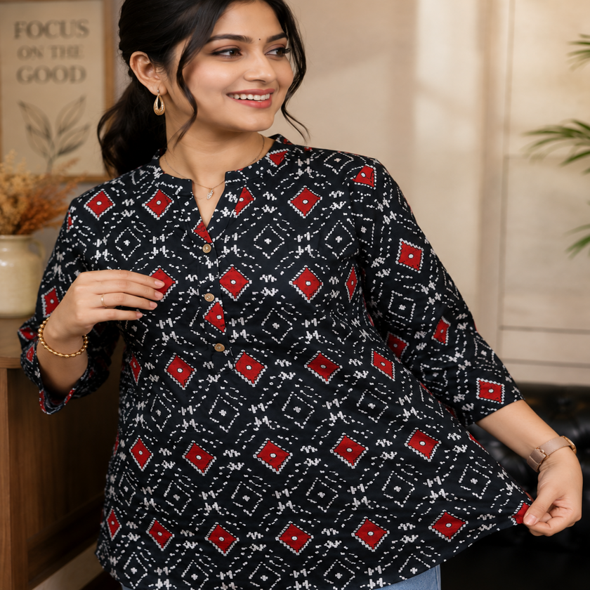 Black printed cotton kurti for women with red and white geometric prints and 3/4 sleeves