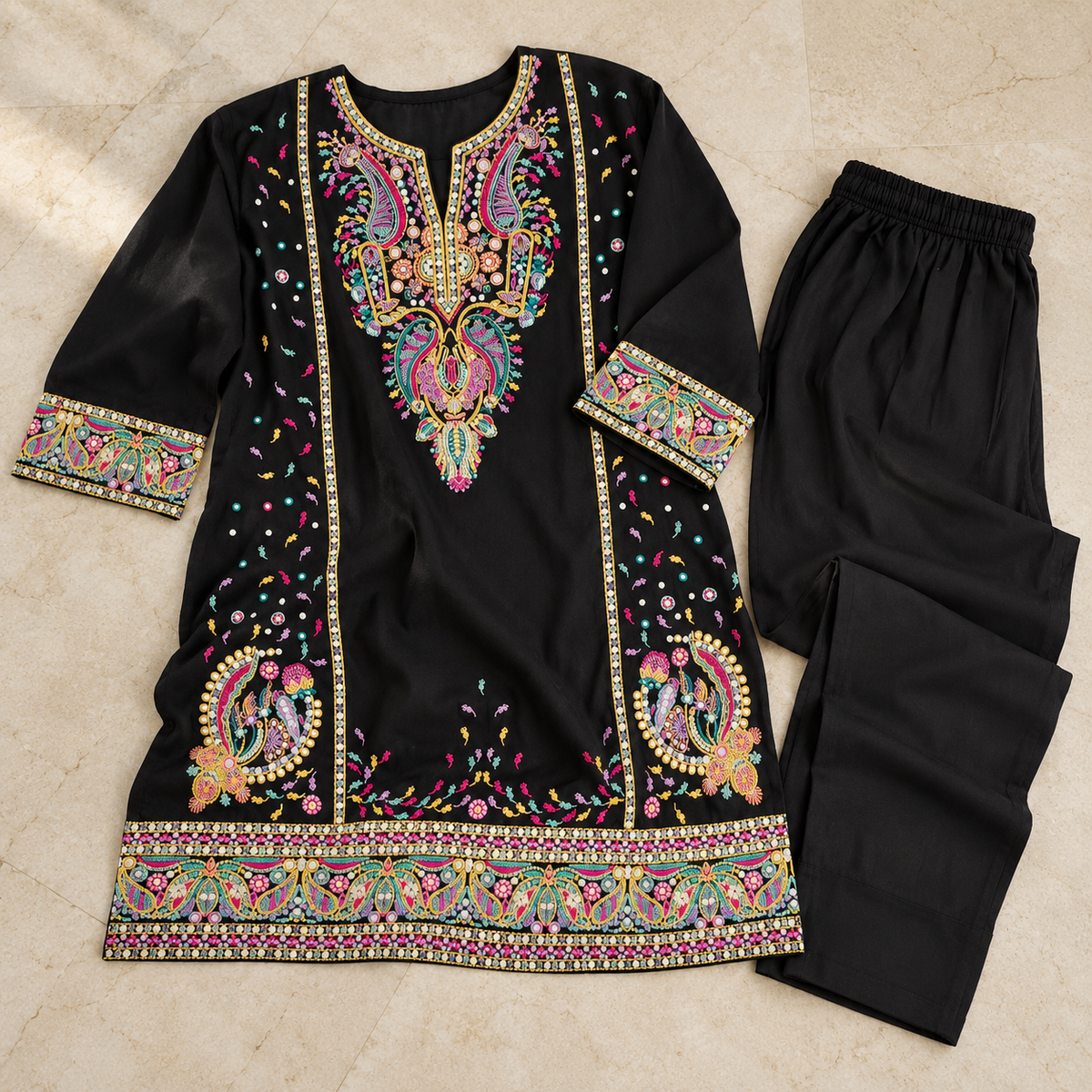 Black Premium Embroidery Farshi Cord Set