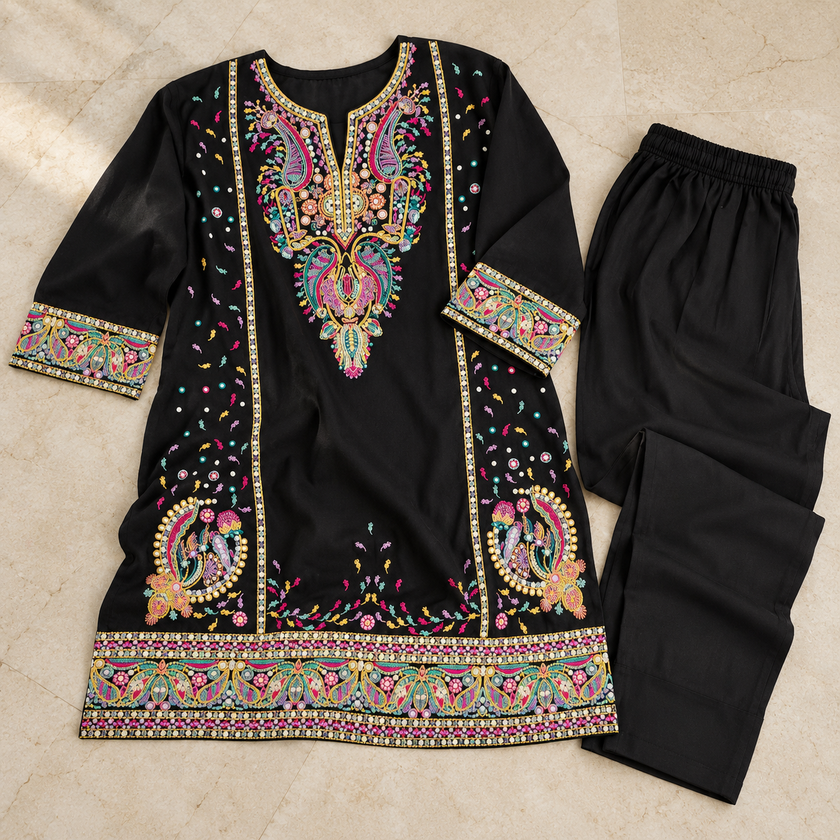 Black Premium Embroidery Farshi Cord Set