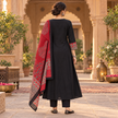Black and Red Printed Flared Kurta Dupatta Suit