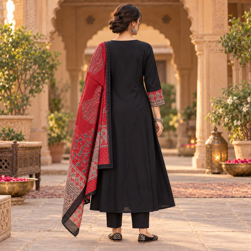 Black and Red Printed Flared Kurta Dupatta Suit