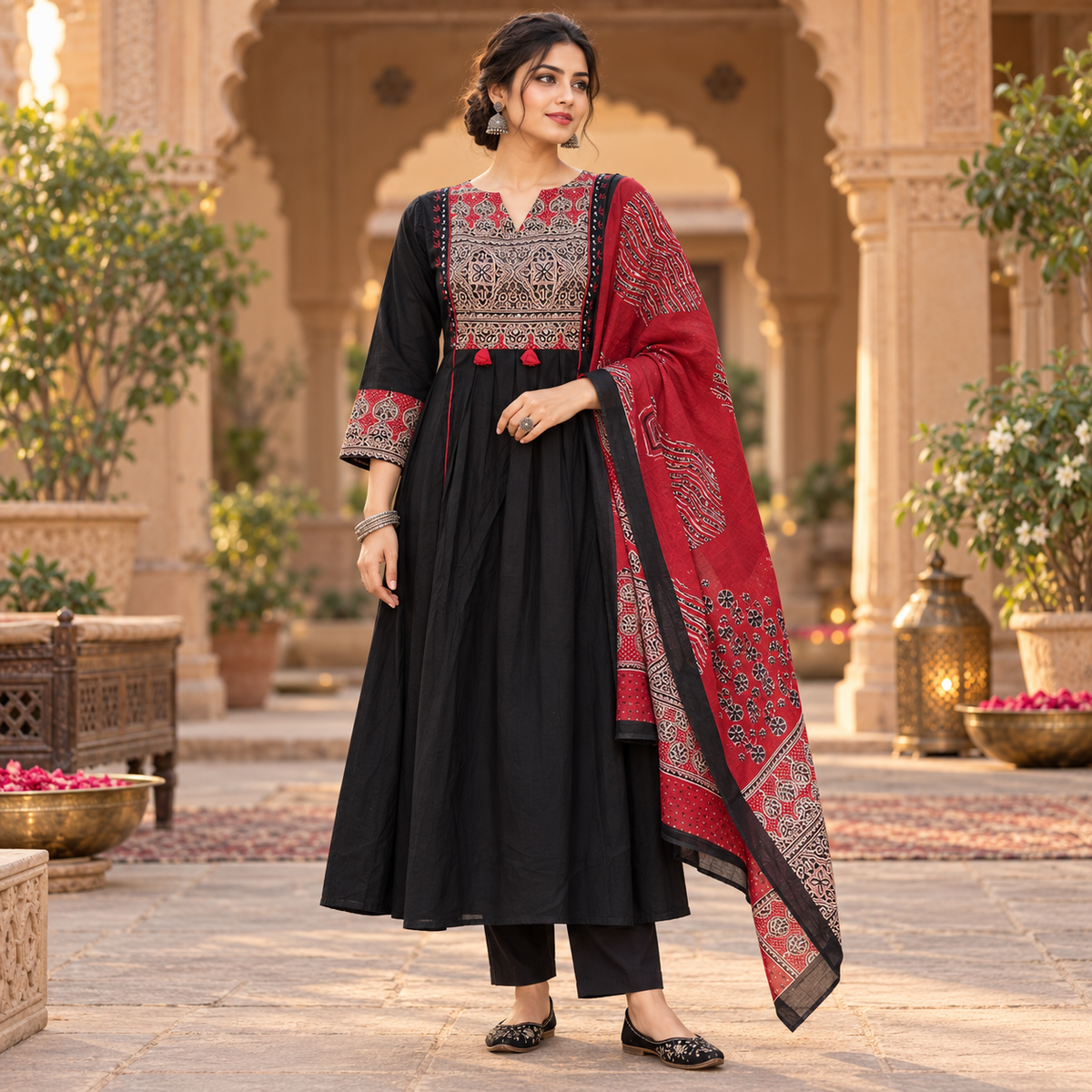 Black and Red Printed Flared Kurta Dupatta Suit