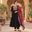 Black and Red Printed Flared Kurta Dupatta Suit