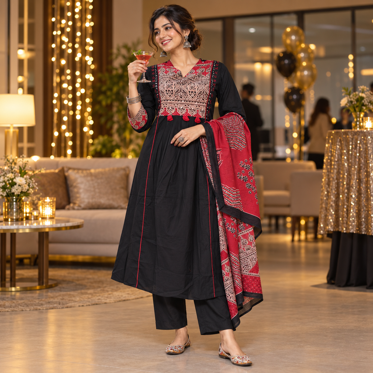 Black and Red Printed Flared Kurta Dupatta Suit