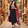 Black and Red Printed Flared Kurta Dupatta Suit