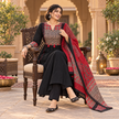 Black and Red Printed Flared Kurta Dupatta Suit