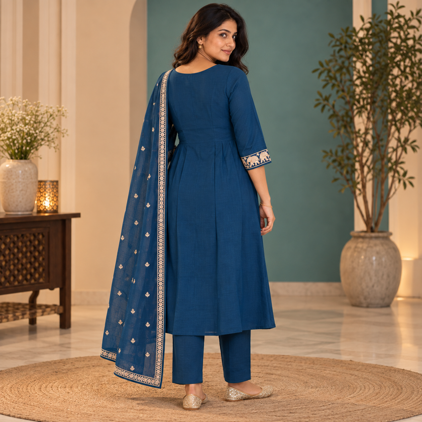 Blue Embroidered A-Line Dupatta Suit