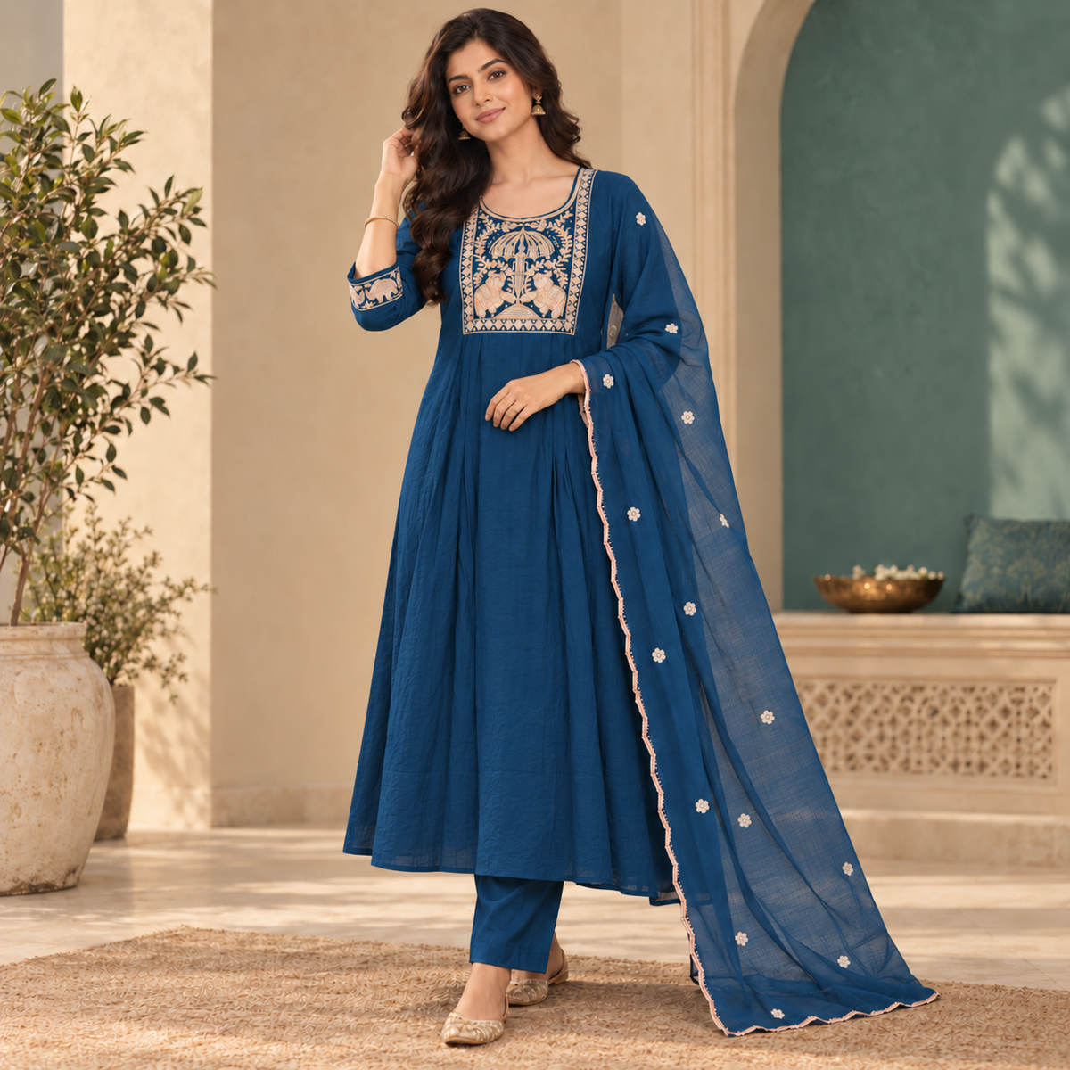 Blue Embroidered A-Line Dupatta Suit