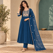 Blue Embroidered A-Line Dupatta Suit