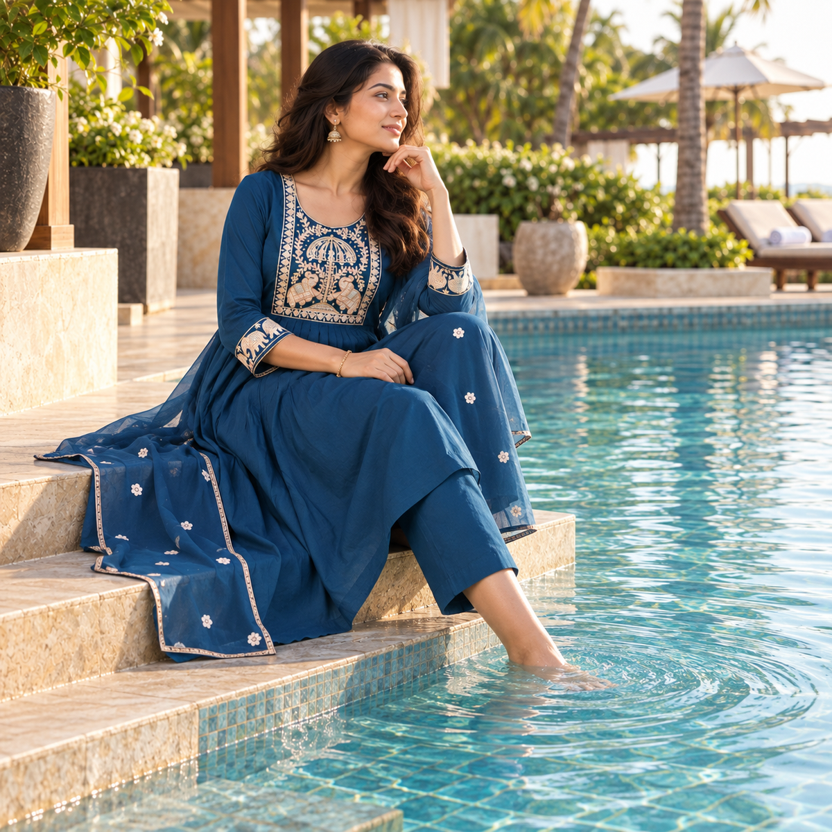 Blue Embroidered A-Line Dupatta Suit