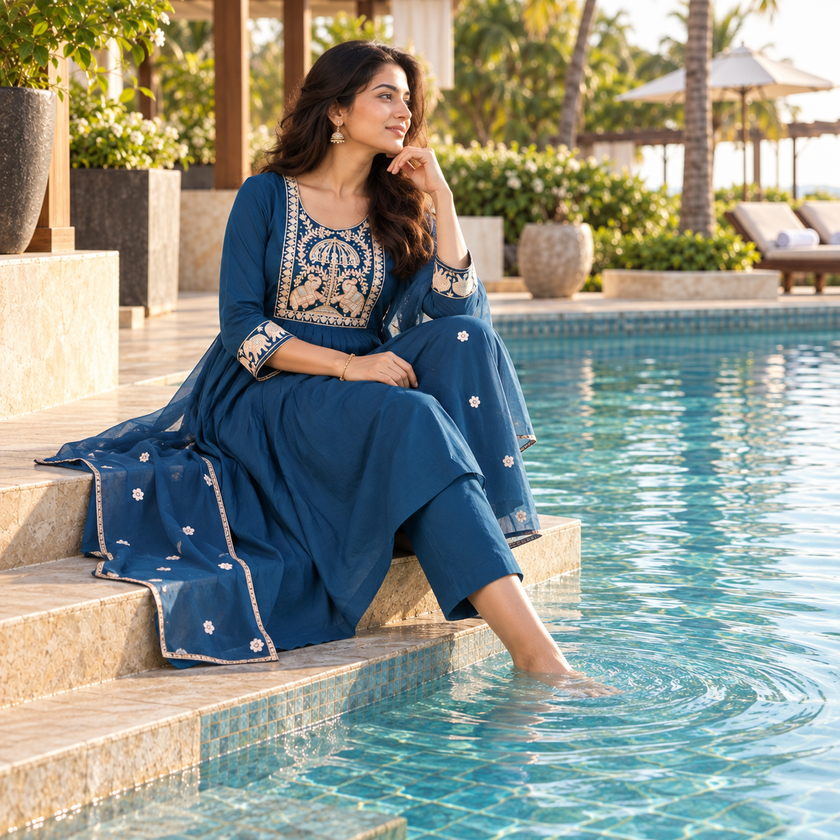Blue Embroidered A-Line Dupatta Suit