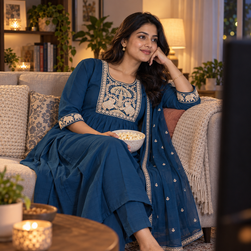 Blue Embroidered A-Line Dupatta Suit