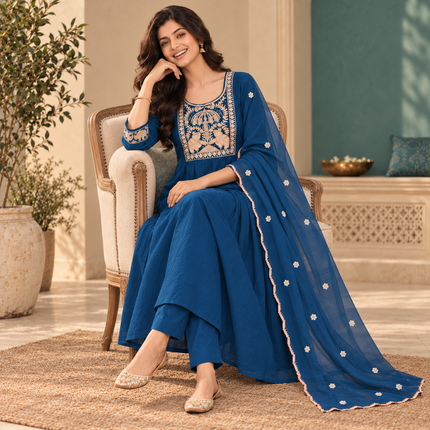 Blue Embroidered A-Line Dupatta Suit