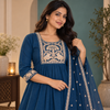 Blue Embroidered A-Line Dupatta Suit