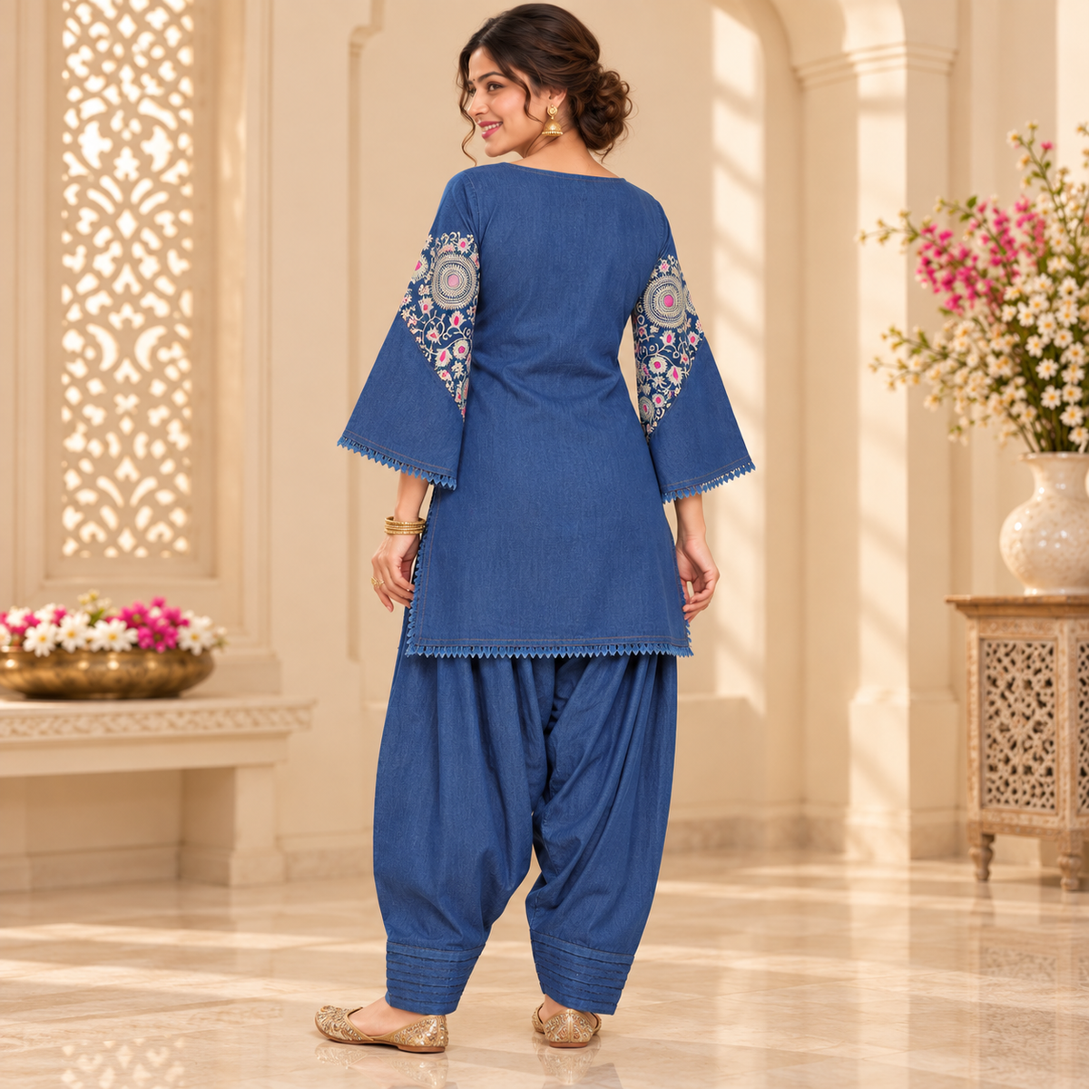 Blue Embroidered Denim Farshi Cord Set