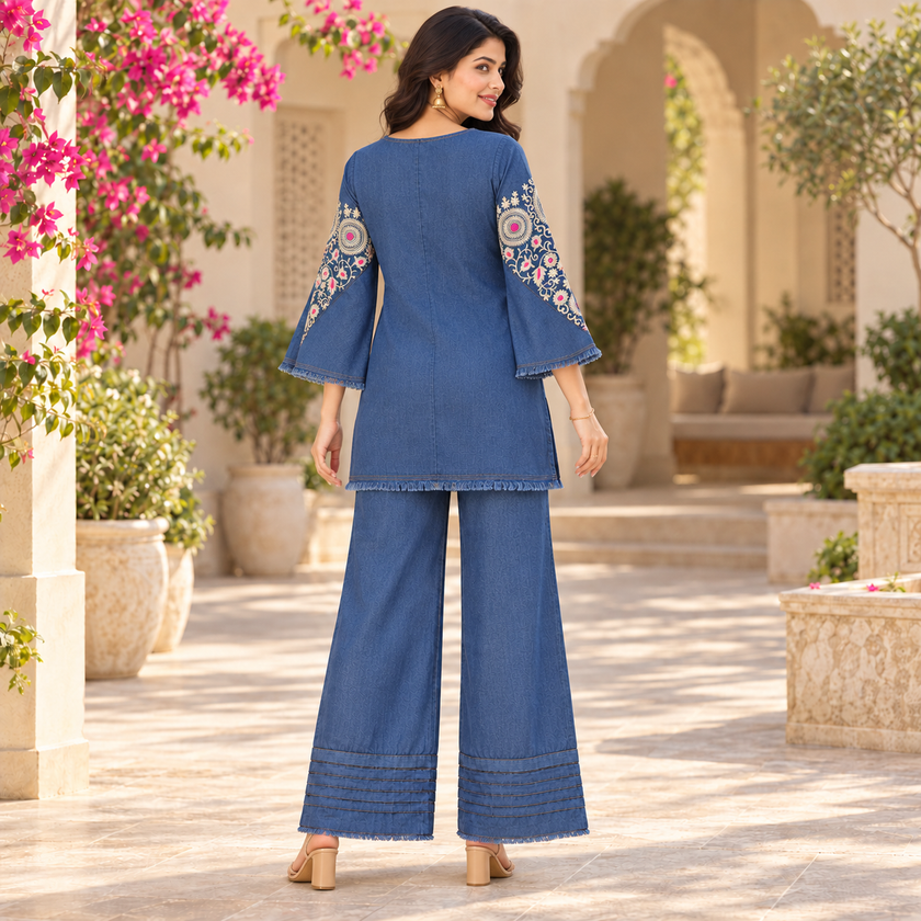 Blue Embroidered Denim Farshi Cord Set