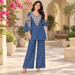 Blue Embroidered Denim Farshi Cord Set