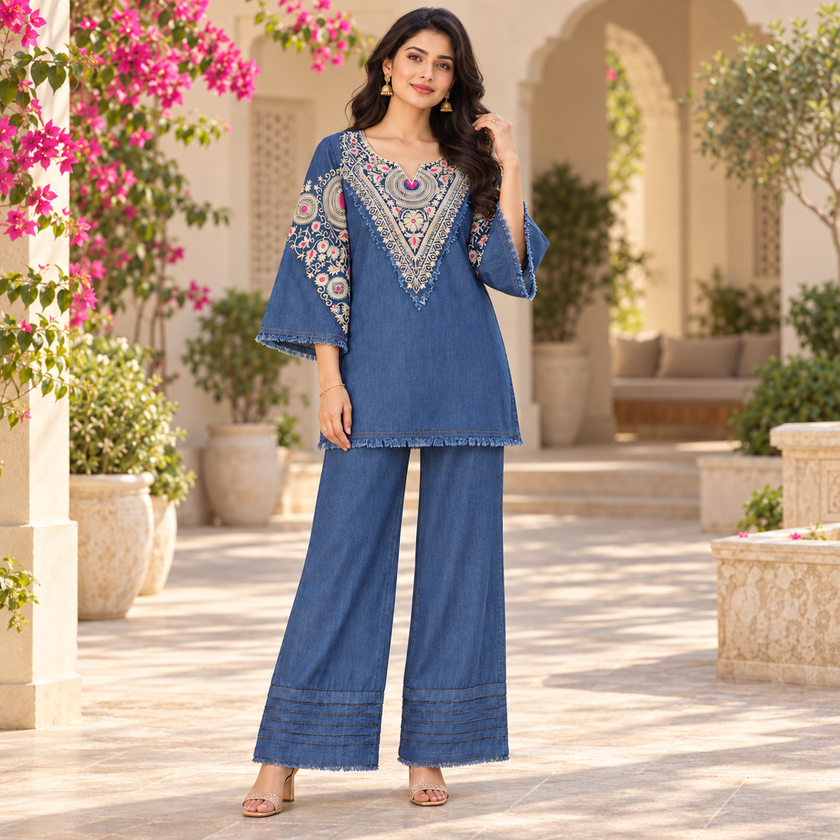 Blue Embroidered Denim Farshi Cord Set