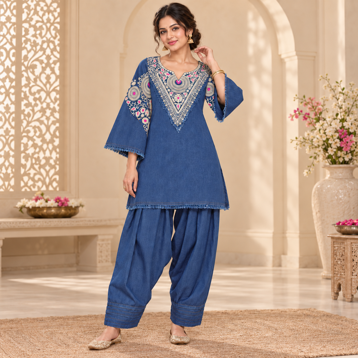 Blue Embroidered Denim Farshi Cord Set