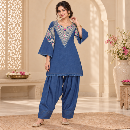 Blue Embroidered Denim Farshi Cord Set