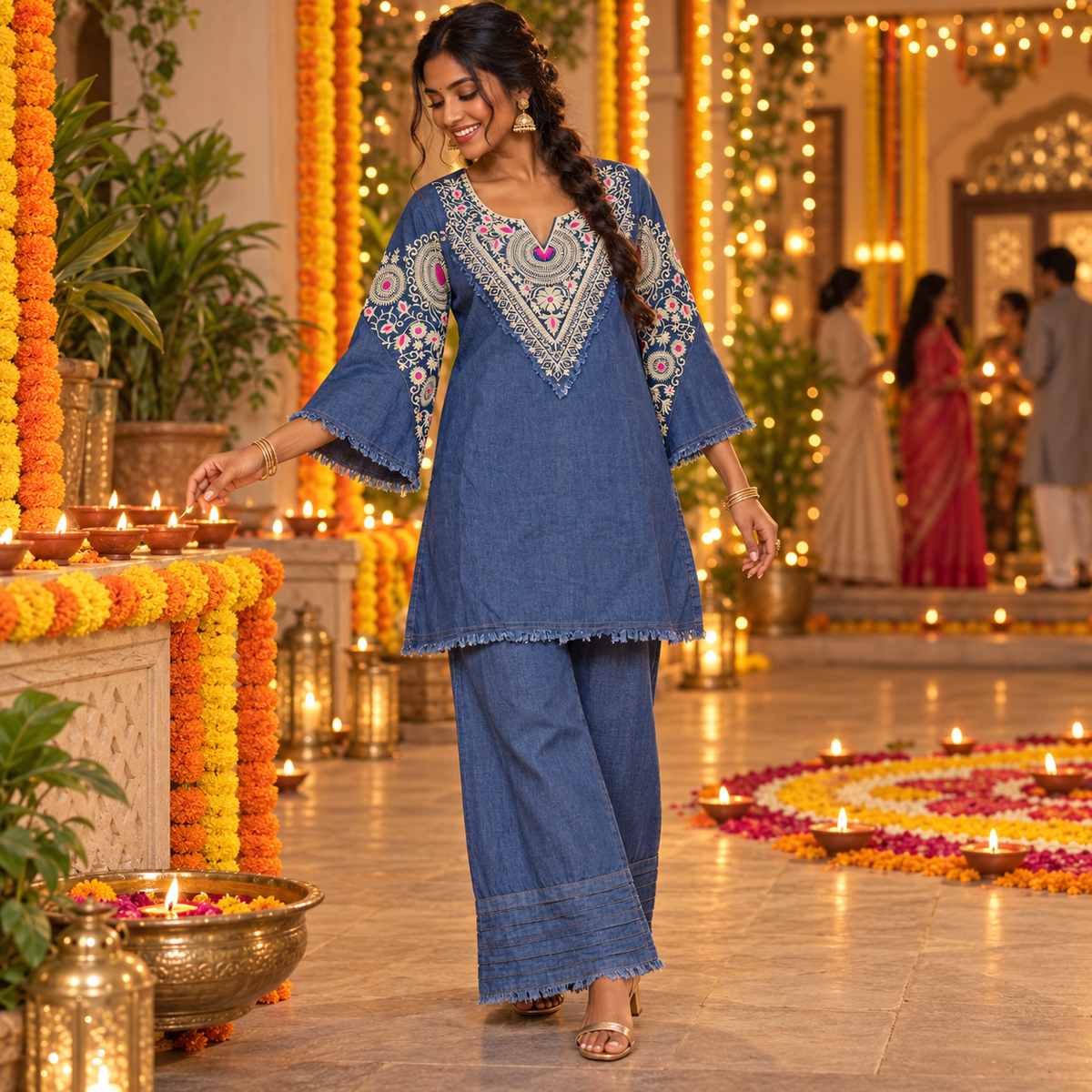 Blue Embroidered Denim Farshi Cord Set