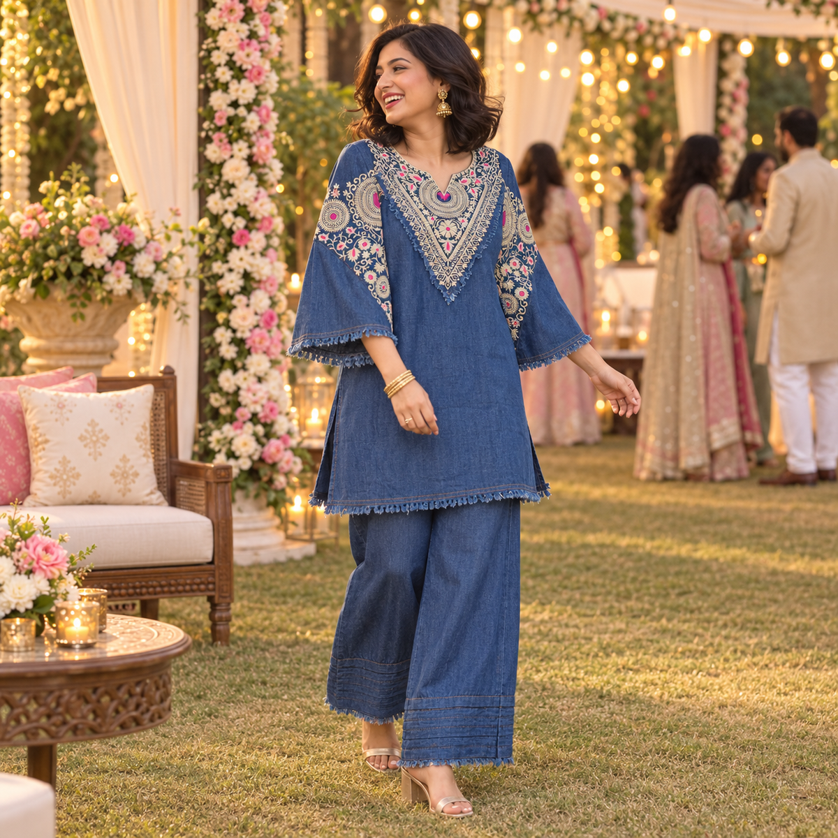 Blue Embroidered Denim Farshi Cord Set