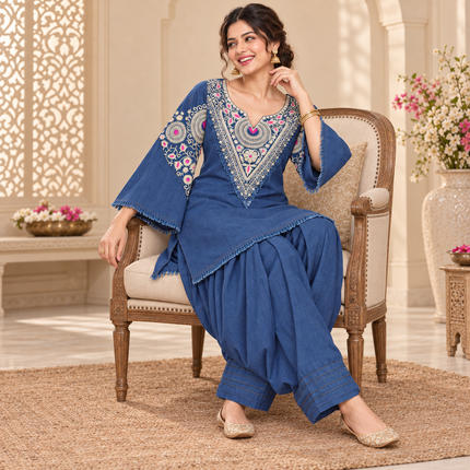 Blue Embroidered Denim Farshi Cord Set