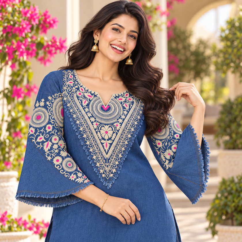 Blue Embroidered Denim Farshi Cord Set