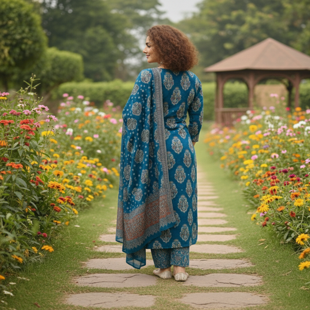 Blue Ajrakh cotton dupatta suit for women with printed kurta, pants and dupatta