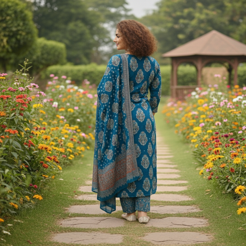 Blue Ajrakh cotton dupatta suit for women with printed kurta, pants and dupatta