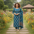 Blue Ajrakh cotton dupatta suit for women with printed kurta, pants and dupatta