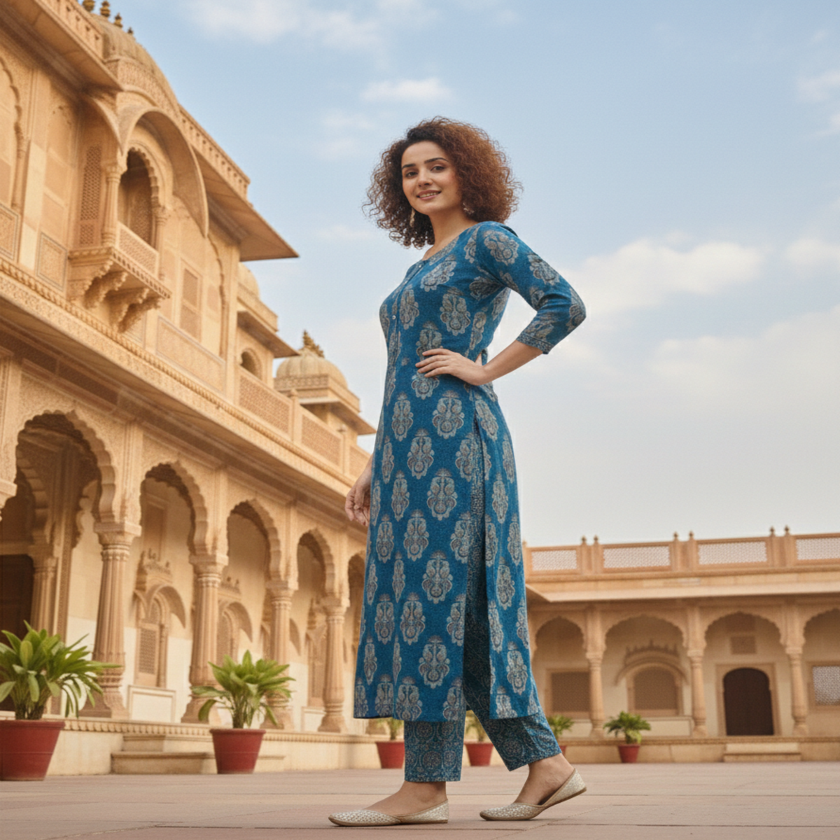 Blue Ajrakh cotton dupatta suit for women with printed kurta, pants and dupatta