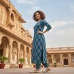 Blue Ajrakh cotton dupatta suit for women with printed kurta, pants and dupatta