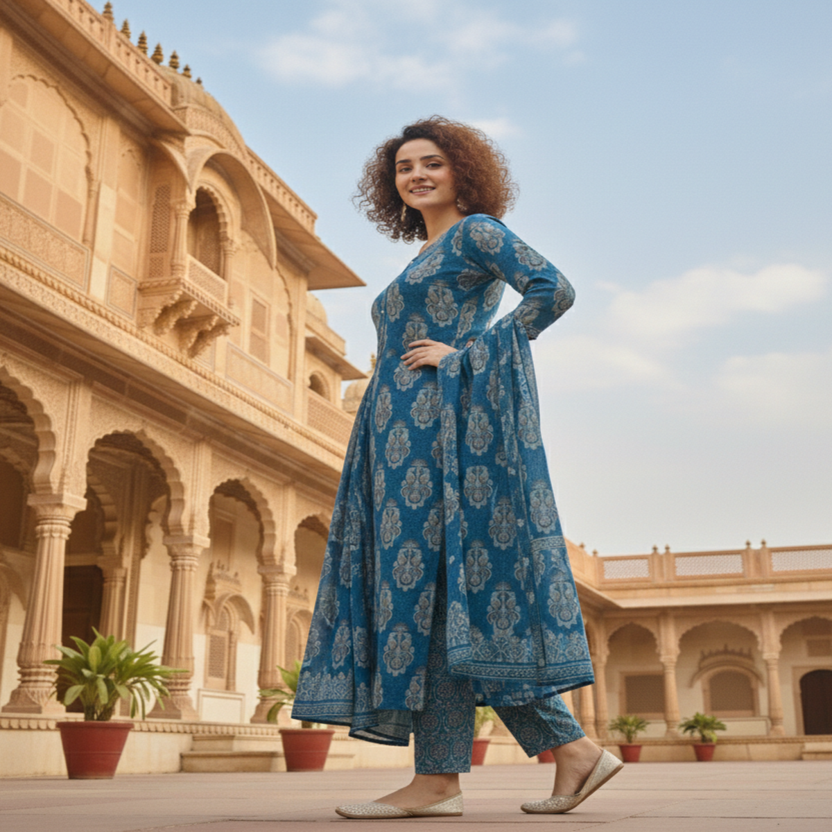 Blue Ajrakh cotton dupatta suit for women with printed kurta, pants and dupatta