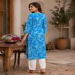 Blue Chikankari print kurta set for women with white floral print and lace palazzo pants