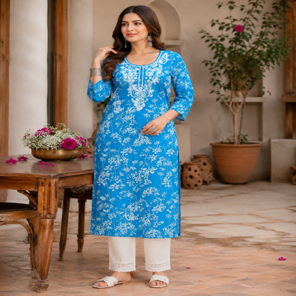 Blue Chikankari print kurta set for women with white floral print and lace palazzo pants