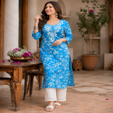 Blue Chikankari print kurta set for women with white floral print and lace palazzo pants