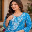Blue Chikankari print kurta set for women with white floral print and lace palazzo pants