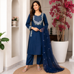 Blue Embroidered Cotton Dupatta Suit for Women with Floral Kurta
