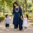 Blue Embroidered Cotton Dupatta Suit for Women with Floral Kurta
