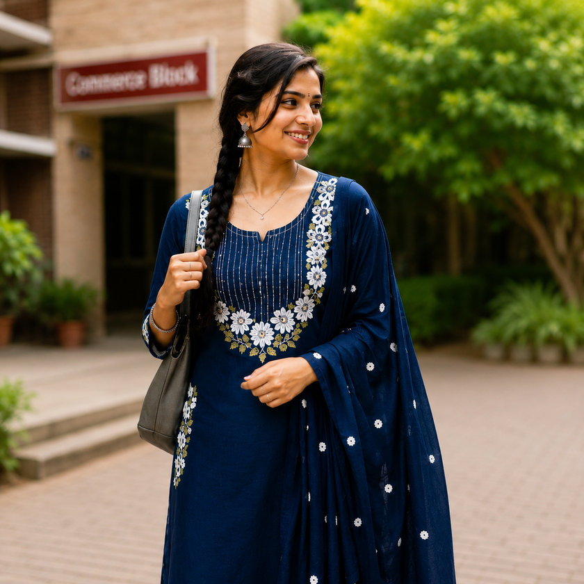 Blue Embroidered Cotton Dupatta Suit for Women with Floral Kurta
