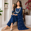 Blue Embroidered Cotton Dupatta Suit for Women with Floral Kurta

