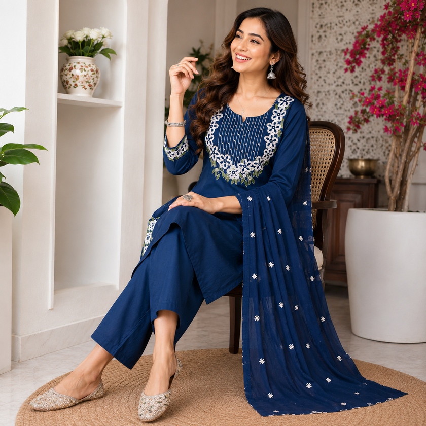 Blue Embroidered Cotton Dupatta Suit for Women with Floral Kurta
