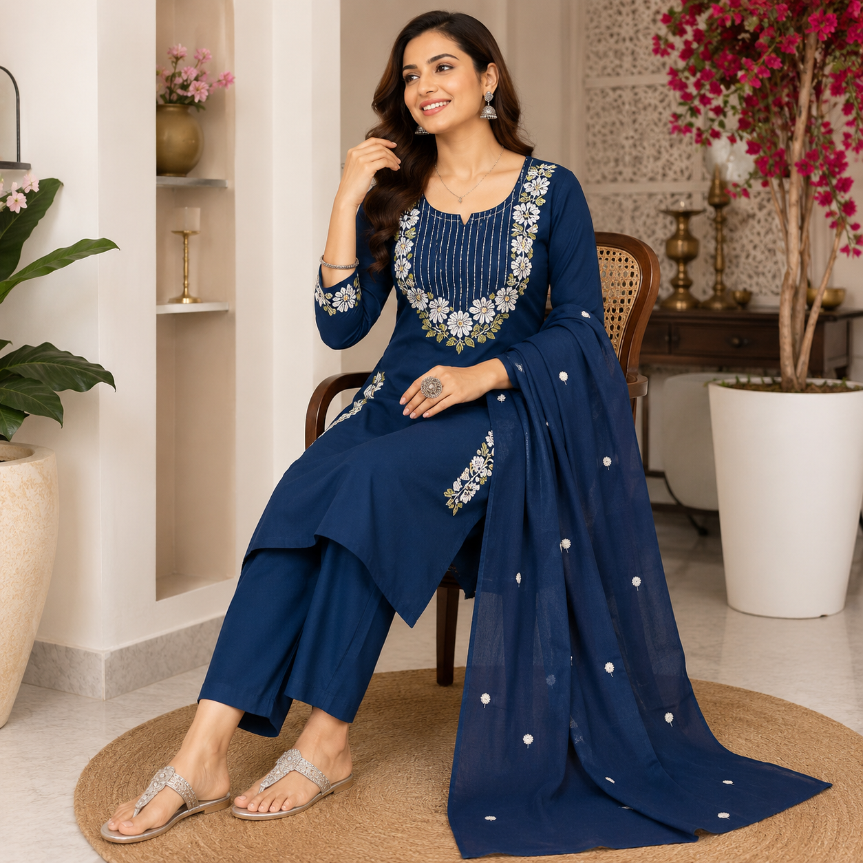 Blue Embroidered Cotton Dupatta Suit for Women with Floral Kurta
