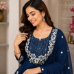 Blue Embroidered Cotton Dupatta Suit for Women with Floral Kurta
