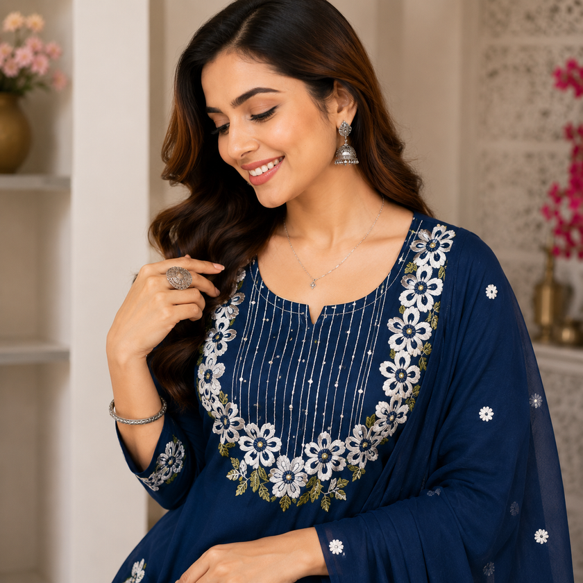 Blue Embroidered Cotton Dupatta Suit for Women with Floral Kurta

