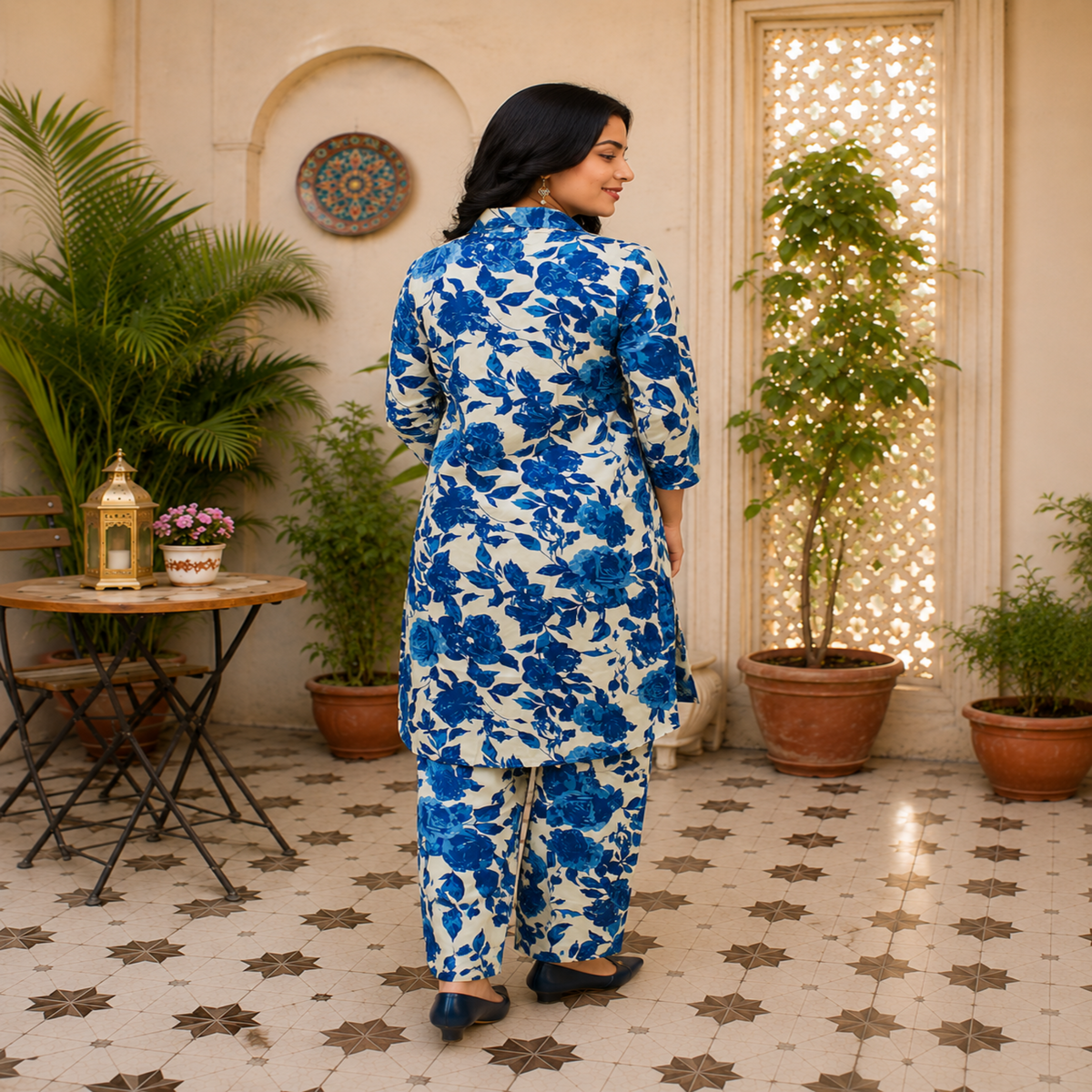 Blue floral printed co-ord set for women with longline tunic and matching straight-fit pants