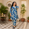 Blue floral printed co-ord set for women with longline tunic and matching straight-fit pants