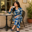 Blue floral printed co-ord set for women with longline tunic and matching straight-fit pants