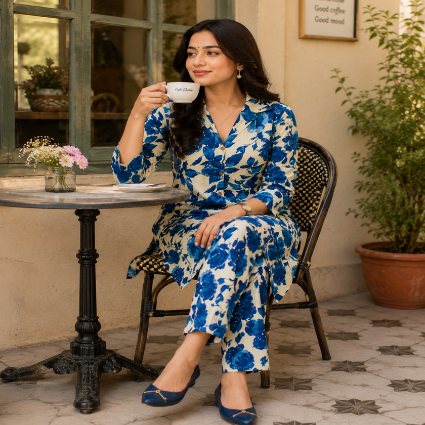 Blue floral printed co-ord set for women with longline tunic and matching straight-fit pants